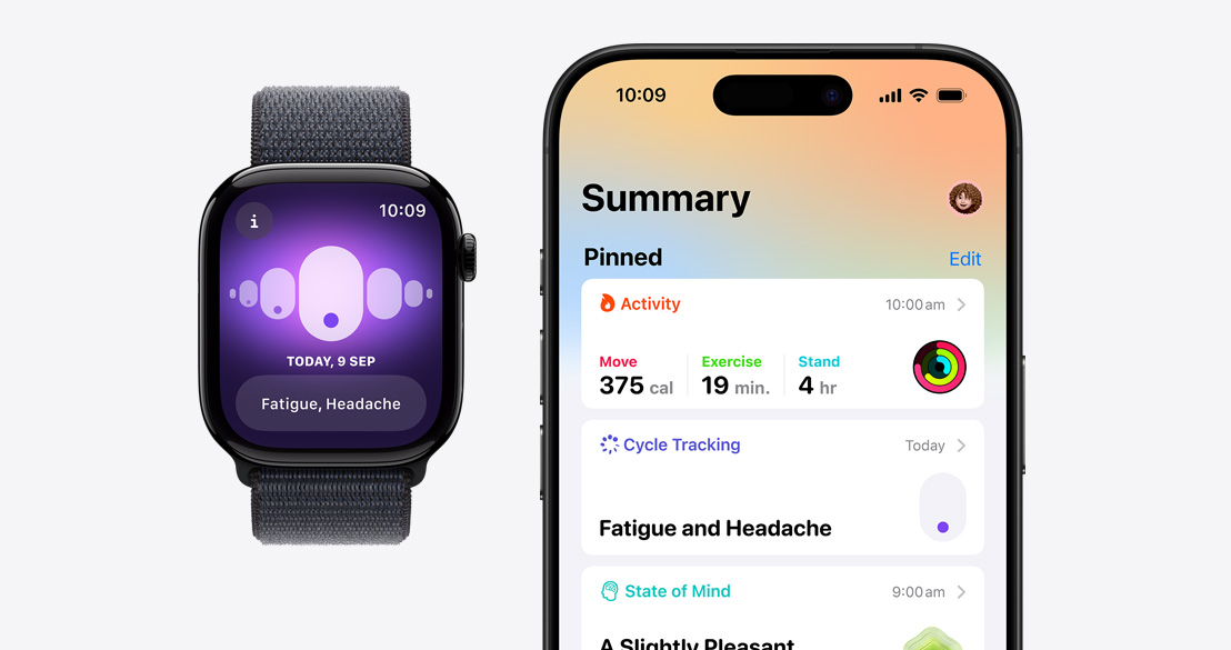 Apple Watch Series 9 showing the Cycle Tracking app and an iPhone 15 Pro with the Health app showing Cycle Tracking information.