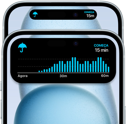 iPhone 15 mostrando a visualização expandida da Dynamic Island para precipitação na próxima hora.