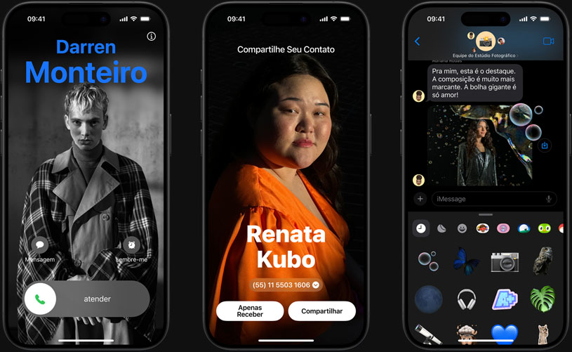 Capturas de tela dos recursos do iOS 17, como Pôster de Contato, NameDrop e Adesivos Animados.