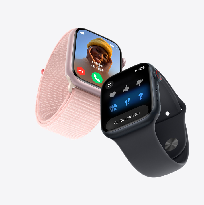 Dois relógios Apple Watch Series 9. O primeiro mostra uma ligação. O segundo mostra uma conversa por mensagens de texto.