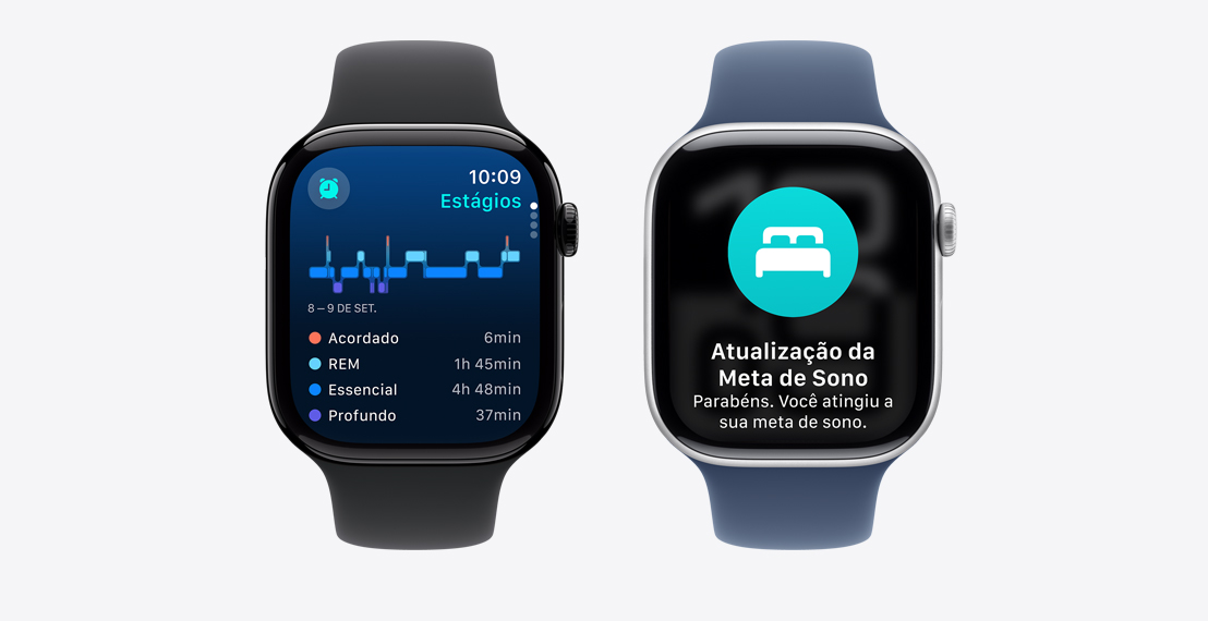 Dois relógios Apple Watch Series 9. O primeiro mostra uma notificação de meta de sono atingida. O segundo mostra dados de Estágios do Sono.