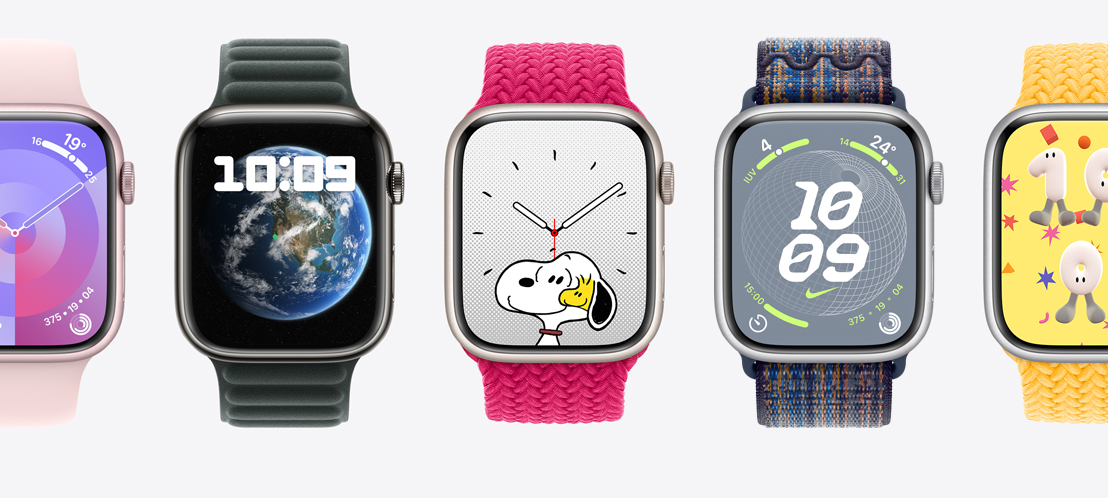 Cinco relógios Apple Watch Series 9 com mostradores diferentes, sendo eles Paleta, Modular, Snoopy, Nike Globe e Hora de Brincar.
