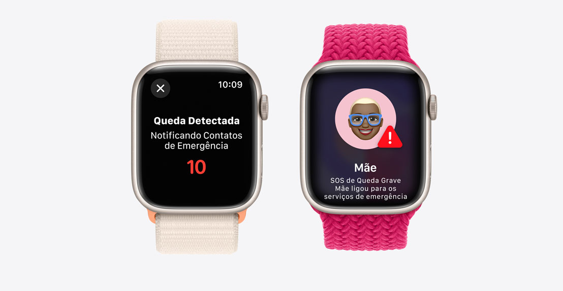 Dois relógios Apple Watch Series 9. O primeiro mostra a tela de detecção de queda ligando para os serviços de emergência. O segundo mostra que o aparelho do contato "Mãe" detectou uma queda e chamou os serviços de emergência.