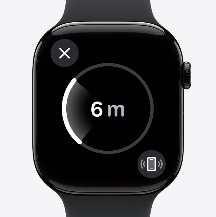 Apple Watch Series 9 usando a Busca Precisa para encontrar um iPhone 15 que está por perto.