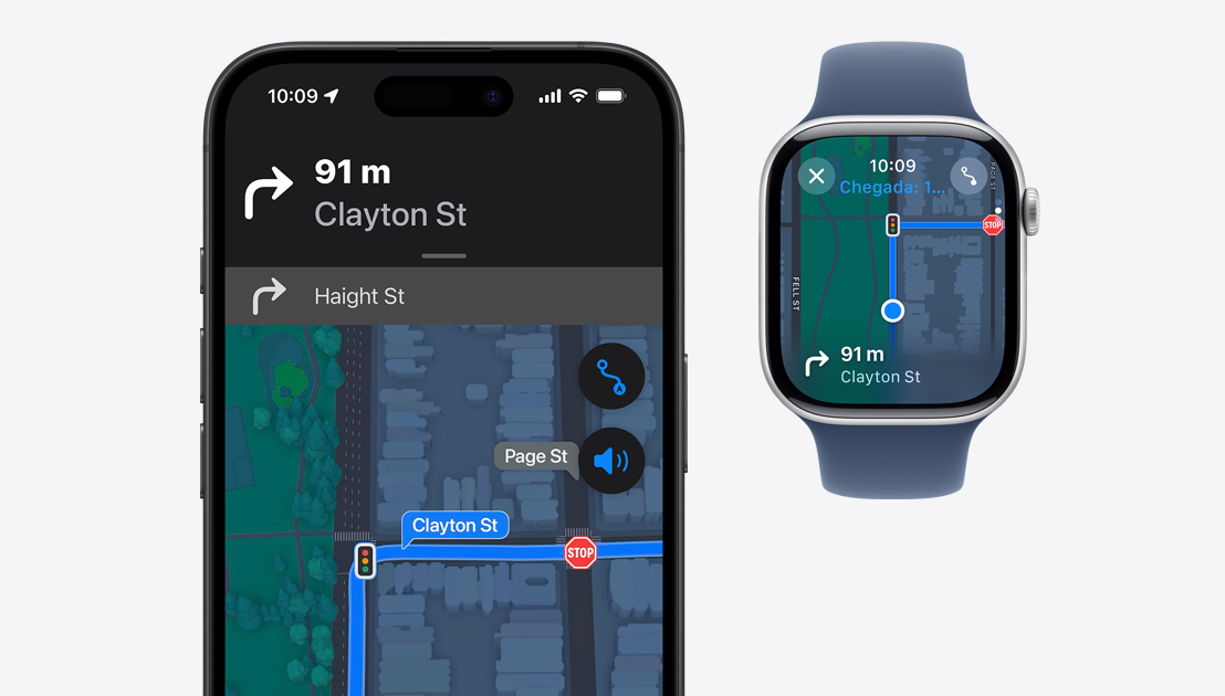 Instruções de navegação exibidas no iPhone 15 Pro e no Apple Watch Series 9.