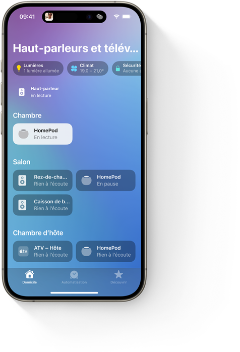 Un iPhone montrant la vue Haut-parleurs et télévisions de l’app Domicile.