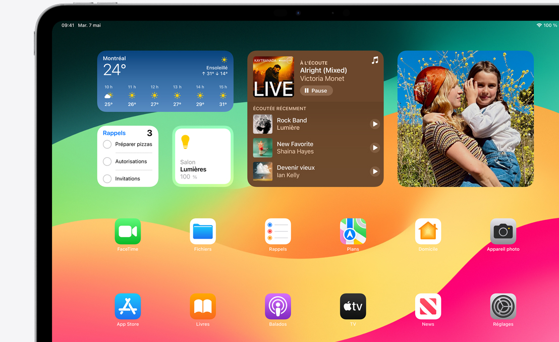 iPad Pro affichant Springboard et les divers widgets disponibles.