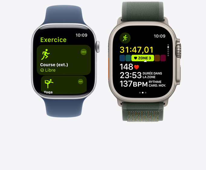 Vue avant d’une Apple Watch Series 10 et d’une Apple Watch Ultra 2 affichant respectivement une séance de yoga et un entraînement de course avec différents types de données.