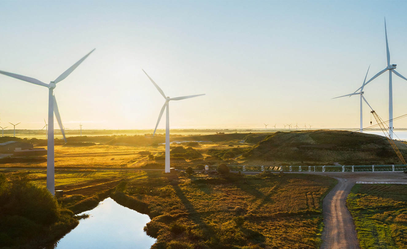 Un campo lleno de varias turbinas eólicas productoras de energía.