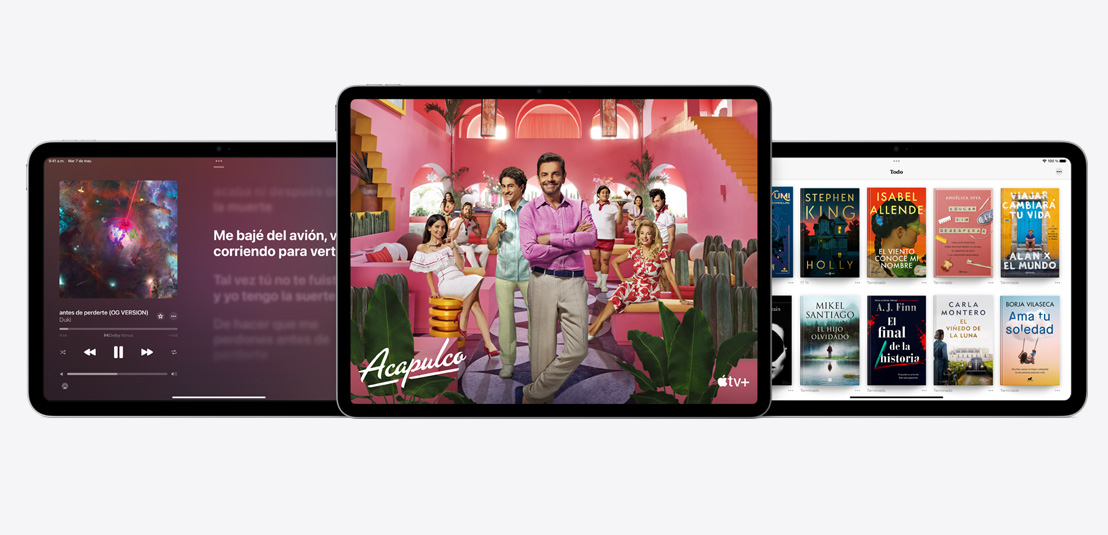 Dos dispositivos iPad y un iPad Air muestran las apps Apple Music, Apple TV  y Apple Books.