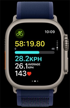 Apple Watch Ultra 2 s ukazatelem rychlosti jízdy na kole.