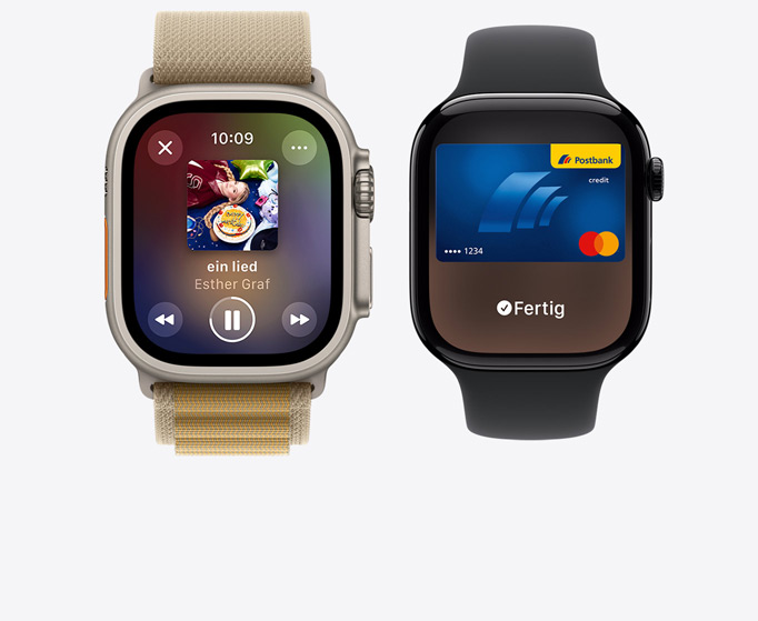 Vorderansicht der Apple Watch Ultra 2 und Apple Watch Series 10 mit Musikwiedergabe und der Apple Card.