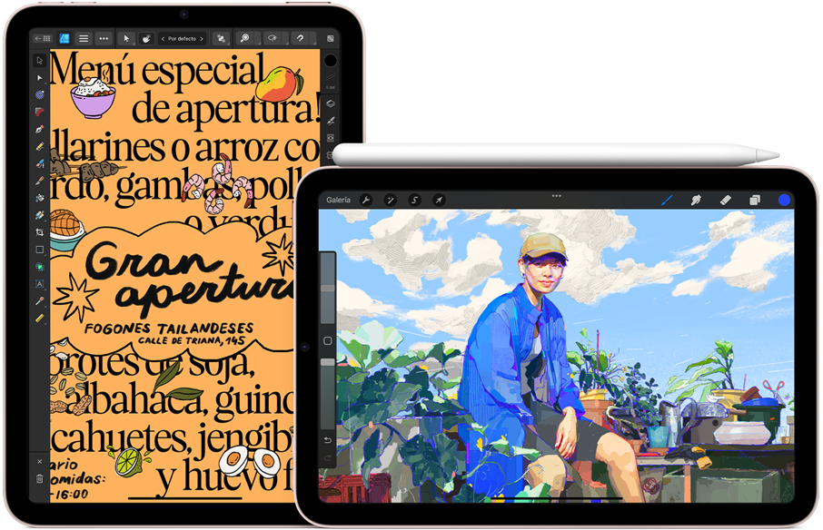 A la izquierda, vista vertical del iPad mini que muestra el menú de un restaurante con ilustraciones. A la derecha, vista horizontal del iPad mini con una ilustración en la pantalla y un Apple Pencil de 2.ª generación acoplado en la parte superior.