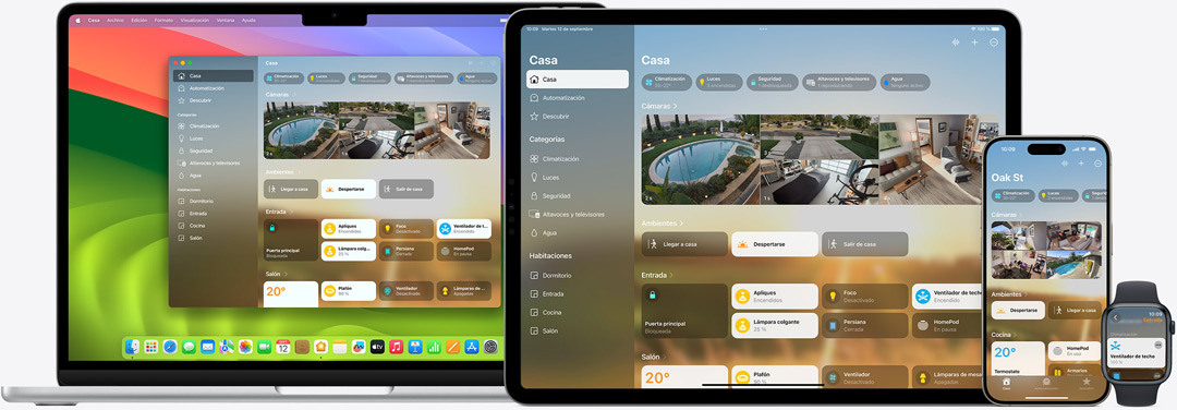 Un Mac, iPad, iPhone y Apple Watch con la interfaz de usuario de la app Casa.