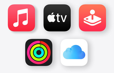 Apple Music, Apple TV, Apple Arcade, Apple Fitness  und iCloud App Symbole