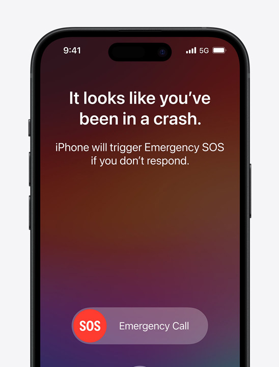 Three iPhone models displaying three different  interactions for Emergency SOS via satellite, Crash Detection, and Roadside Assistance via satellite.