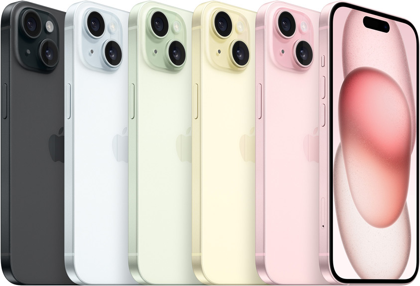 Design van iPhone 15 met doorkleurd glas in vijf kleuren: zwart, blauw, groen, geel en roze.