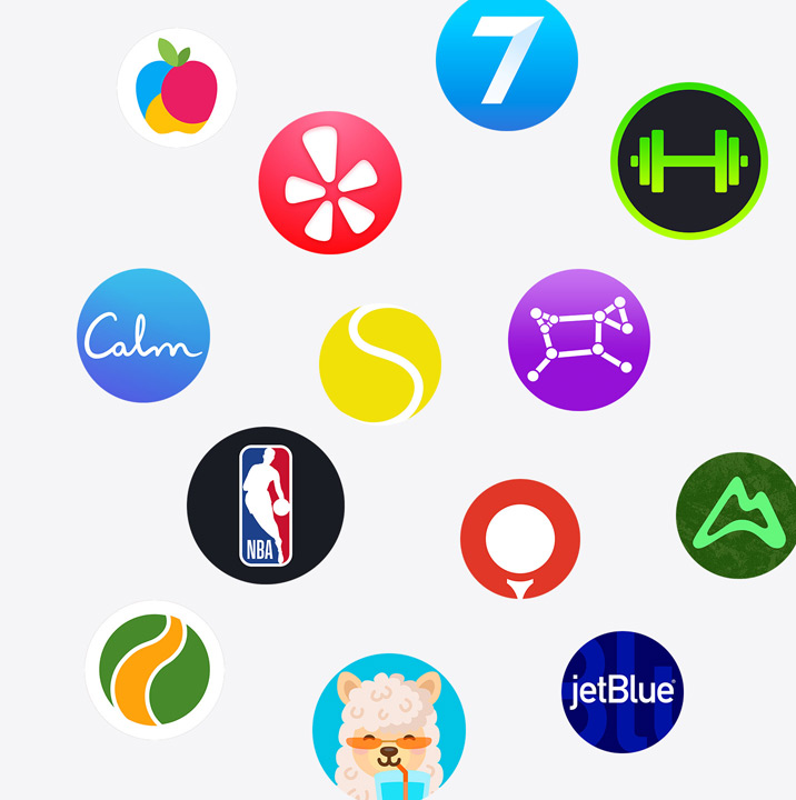 The icons of Apple Watch apps from the App Store. ChargePoint, Yelp, Nike Run Club, SmartGym, Calm, NBA, SwingVision, Oceanic , WeChat, Waterllama, Golfshot, JetBlue, and AllTrails.