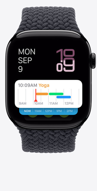 Vooraanzicht van een Apple Watch Series 10 met daarop een slimme stapel met een widget voor het weer.