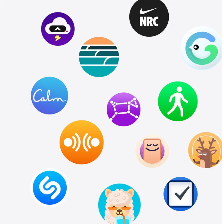 The icons of Apple Watch apps from the App Store. Calm, CARROT, Dawn Patrol, Grow, iTranslate, Night Sky,  Nike Run Club, OffScreen, Pedometer  , Shazam, Things 3, Waterllama, YaoYao