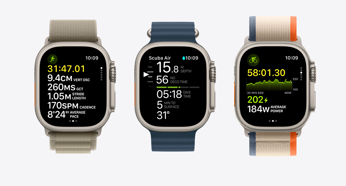 三隻 Apple Watch Ultra 2。第一隻錶顯示跑步訓練。第二隻錶顯示使用 Oceanic  app 作休閒水肺潛水。第三隻錶顯示單車訓練。
