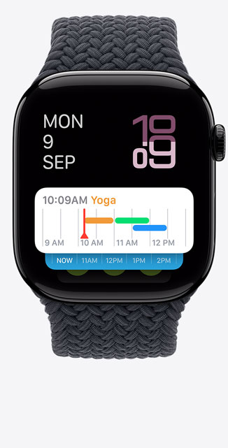 Front view of a Smart Stack screen on Apple Watch Series 10 showing a weather widget.