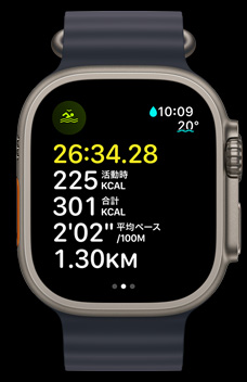 オープンウォータースイミングの時間、カロリー、ペースを表示しているApple Watch Ultra 2。