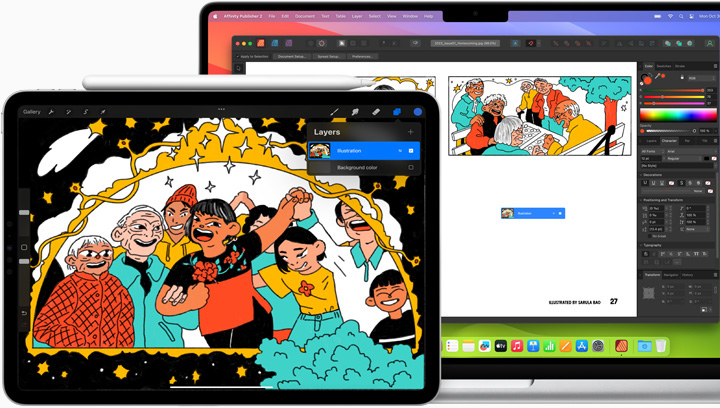 한 사용자가 iPad와 MacBook Pro로 일러스트레이션 작업을 하는 모습