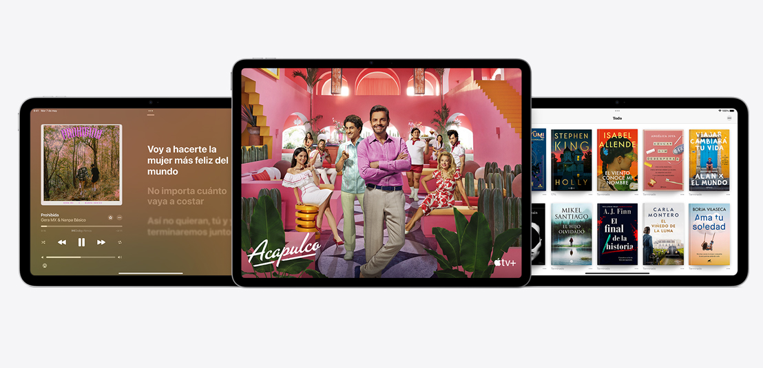Dos dispositivos iPad y un iPad Air muestran las apps Apple Music, Apple TV  y Apple Books.