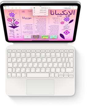 صورة من أعلى إلى أسفل لجهاز iPad مع المحفظة بلوحة مفاتيح ماجيك باللون الأبيض.