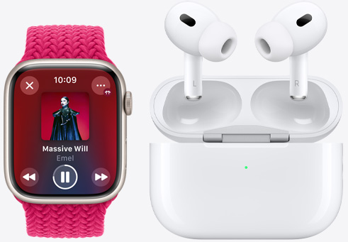 Apple Watch Series 9 playing a song next to AirPods Pro.