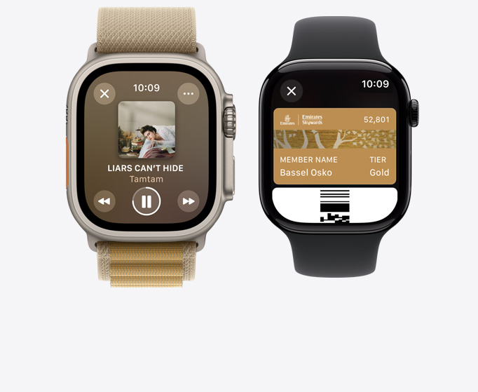 Front view of an Apple Watch Ultra 2 and Apple Watch Series 10 showing music playing and the Apple Card.