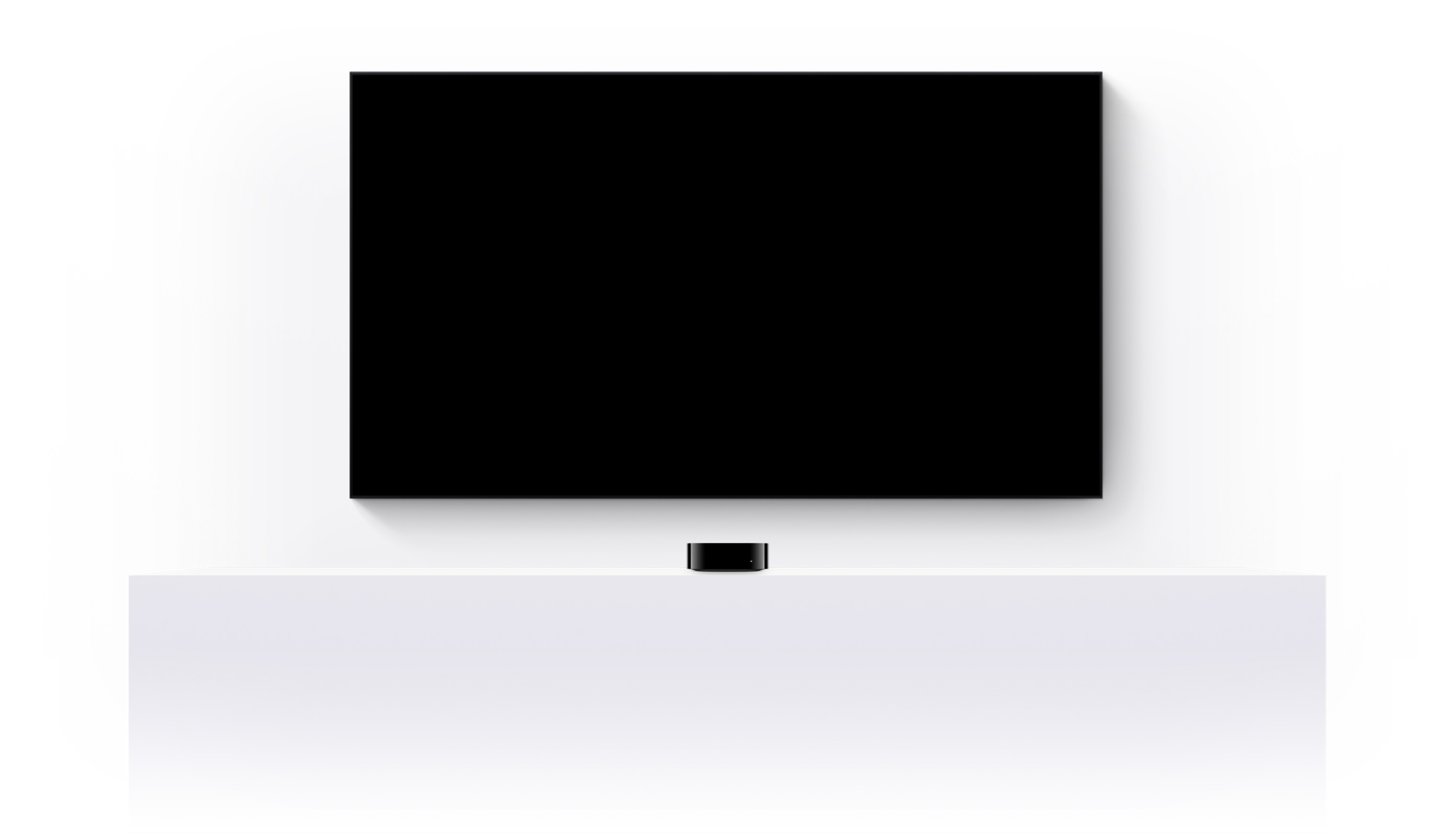 Apple TV 4K 及平面電視，螢幕顯示以各式 Apple TV  電影及節目剪輯成的預告片