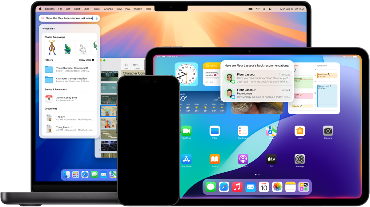 Una Mac, un iPad y un iPhone muestran las nuevas funcionalidades de Siri potenciadas por Apple Intelligence