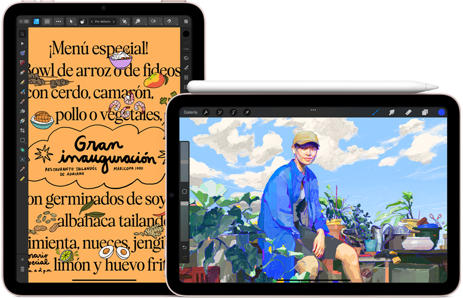 A la izquierda, un iPad mini en posición vertical muestra un gráfico con el menú de un restaurante. A la derecha, un iPad Mini en posición horizontal muestra una ilustración y tiene un Apple Pencil de segunda generación adherido arriba.