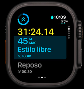 Pantalla de A Continuación que muestra la distancia por recorrer en un entrenamiento de natación de estilo libre.