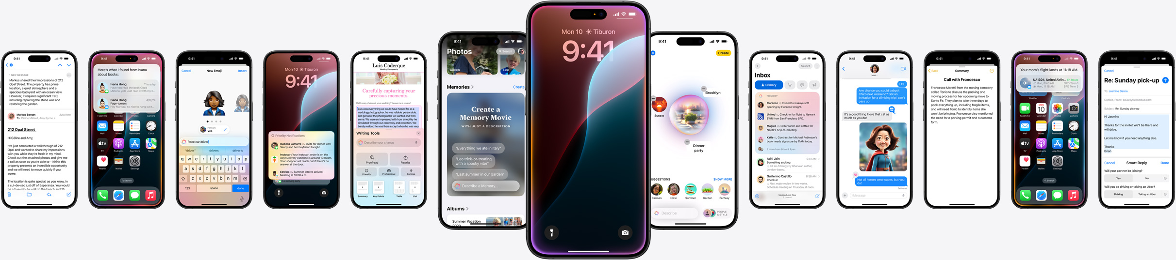 Static image of multiple iPhones showing Apple Intelligence features.