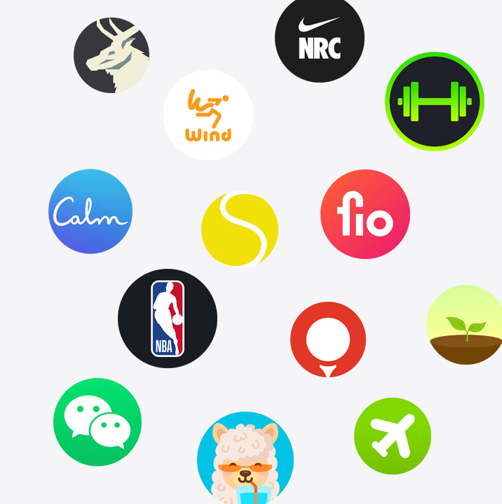 The icons of Apple Watch apps from the App Store. ChargePoint, Yelp, Nike Run Club, SmartGym, Calm, NBA, SwingVision, Oceanic , WeChat, Waterllama, Golfshot, JetBlue and AllTrails.