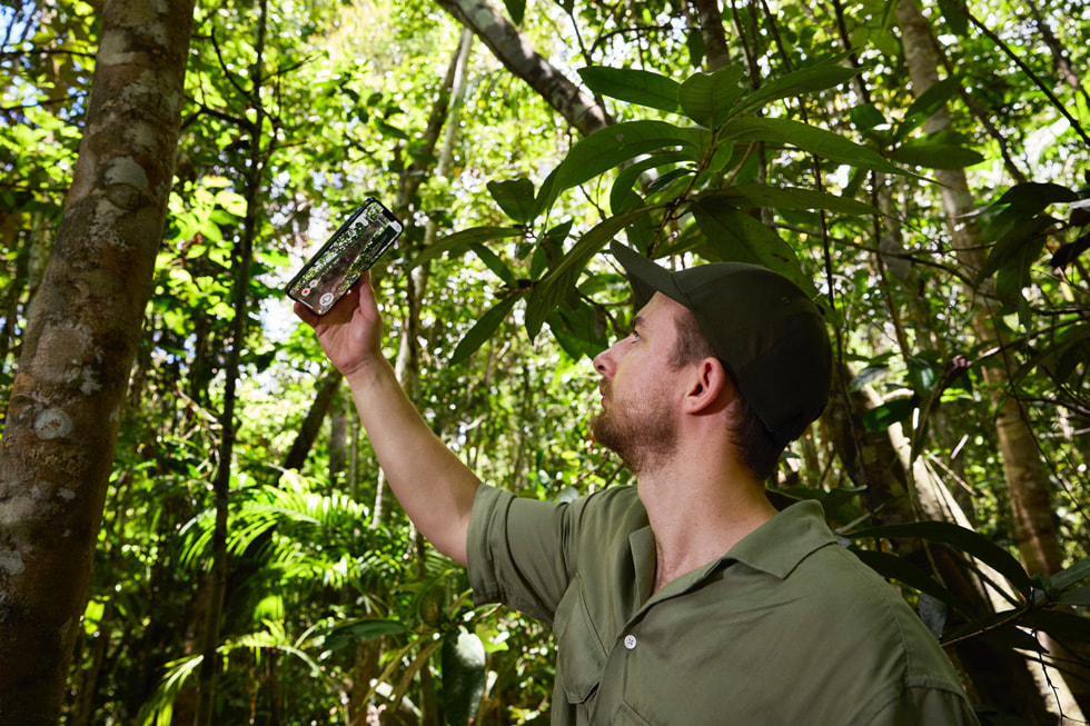 Ein:e Symbiosis-Mitarbeiter:in beim Erfassen von Daten mit dem LiDAR Scanner des iPhone und der ForestScanner-App.