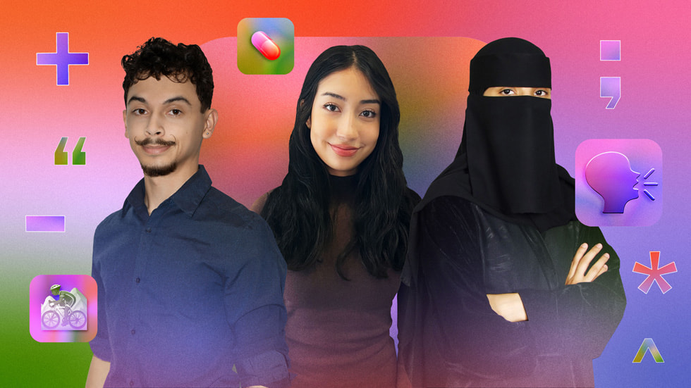 一幅彩色的拼貼照，呈現 Swift Student Challenge 獲獎者 Dezmond Blair、Elena Galluzzo 和 Jawaher Shaman 的人像。
