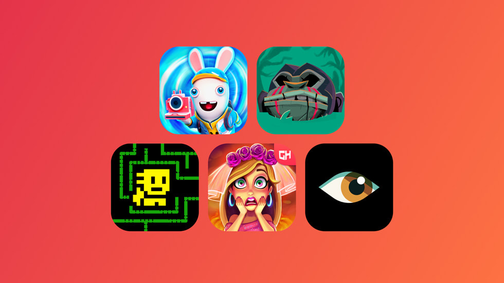 A collage of five icons representing new titles coming to Apple Arcade in May and June 2024: Rabbids: Legends of the Multiverse, Return to Monkey Island , Tomb of the Mask , Fabulous - Wedding Disaster , and Where Cards Fall.