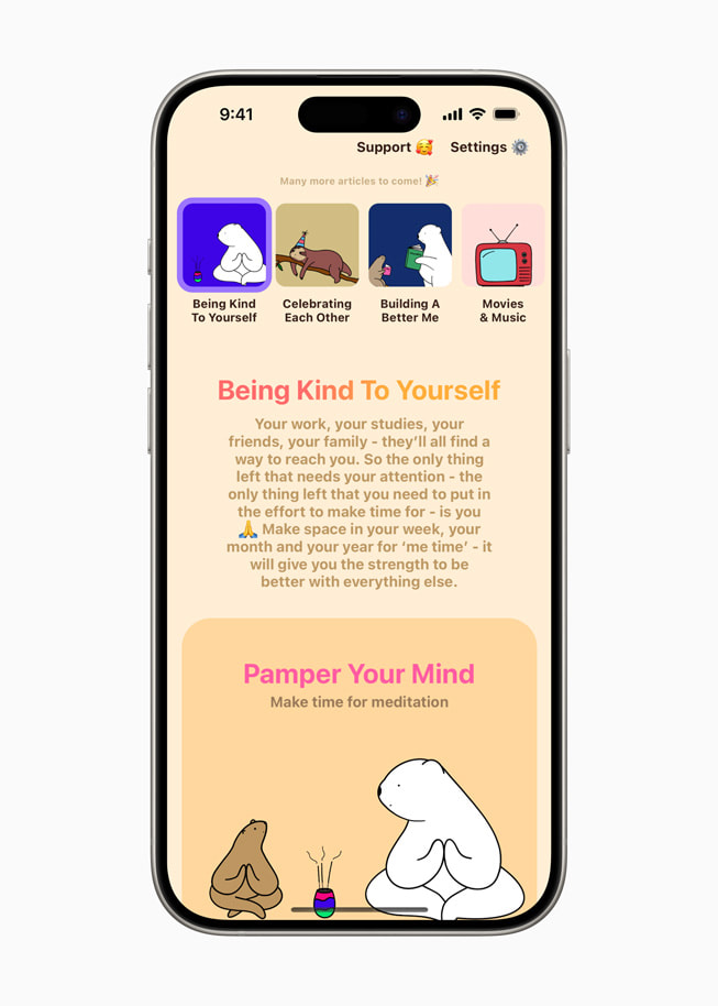 iPhone 15 Pro’daki Bears Gratitude uygulamasında Being Kind to Yourself makalesi gösteriliyor.