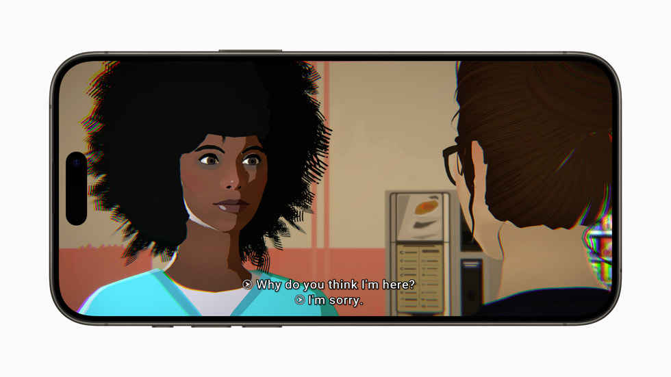 Sebuah adegan dari novel visual The Wreck ditampilkan di iPhone 15 Pro.