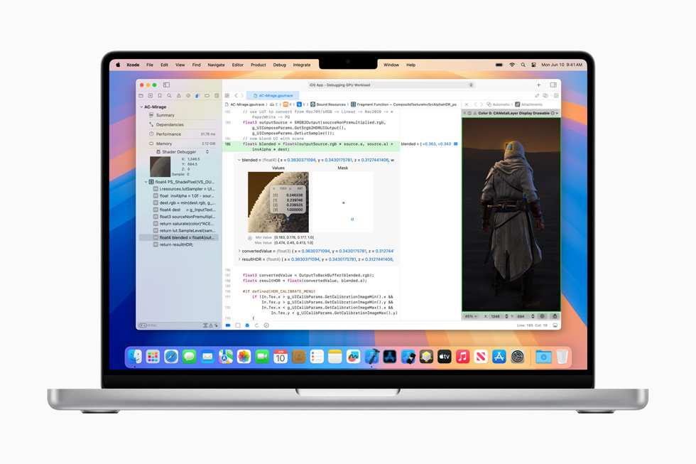 Fejlfinding og profilering af kilden til HLSL-shaders vist på 14" MacBook Pro.