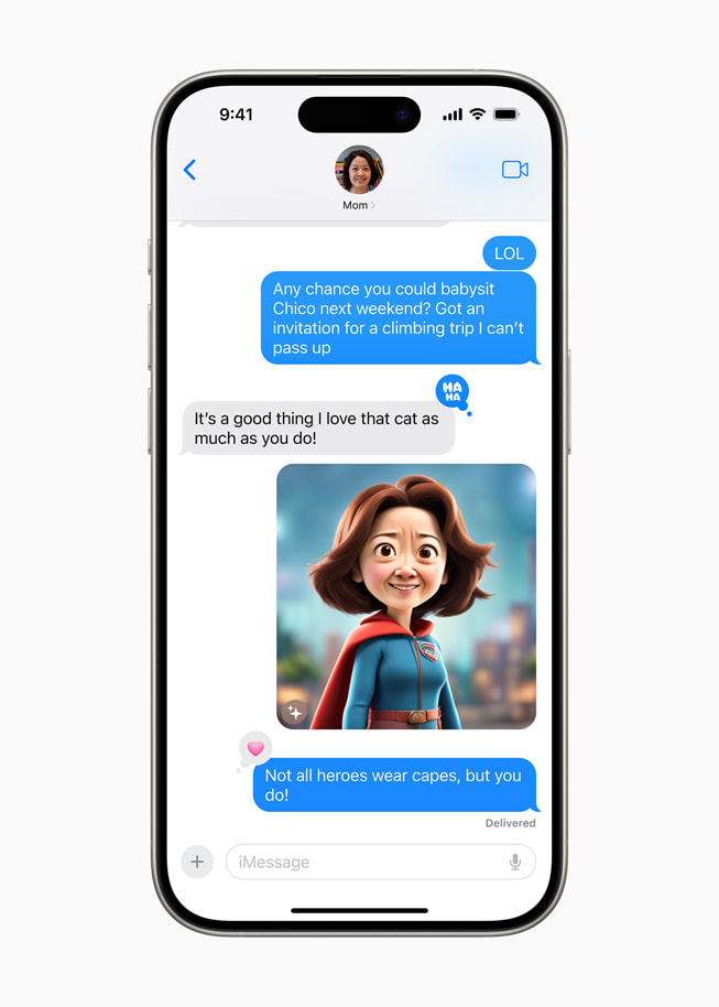 Pada Pesan di iPhone 15 Pro, gambar yang dihasilkan Image Playground menampilkan ibu pengguna mengenakan pakaian pahlawan super.