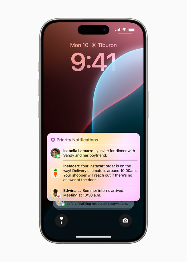iPhone 15 Pro 上的「Priority Notifications」功能。