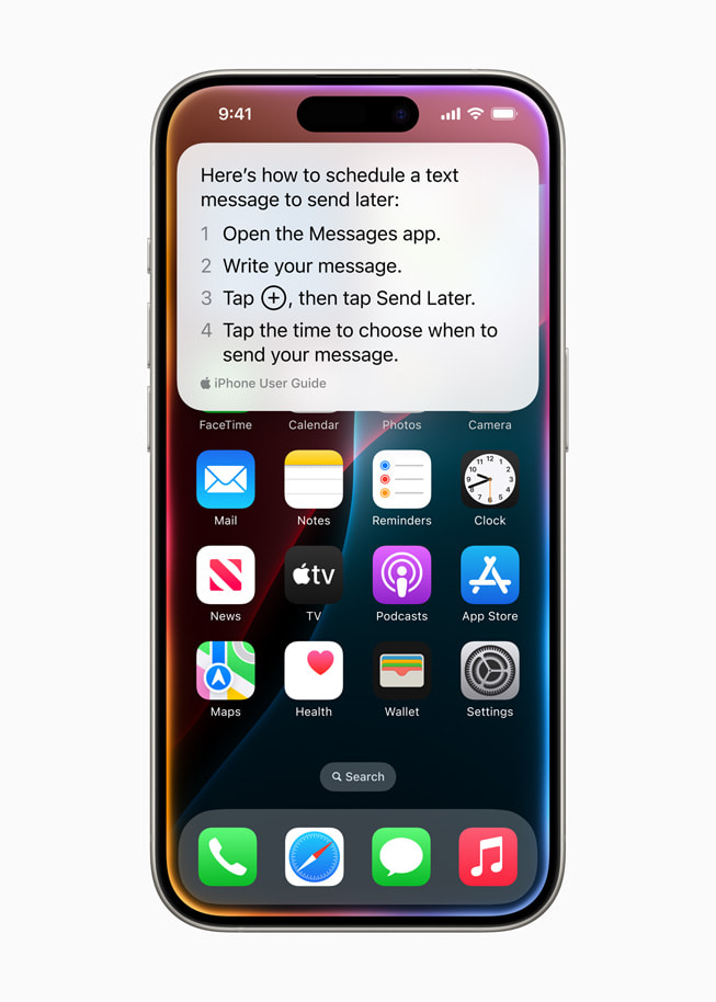 在 iPhone 15 Pro 上，Siri 回應使用者關於如何排程文字訊息的問題。