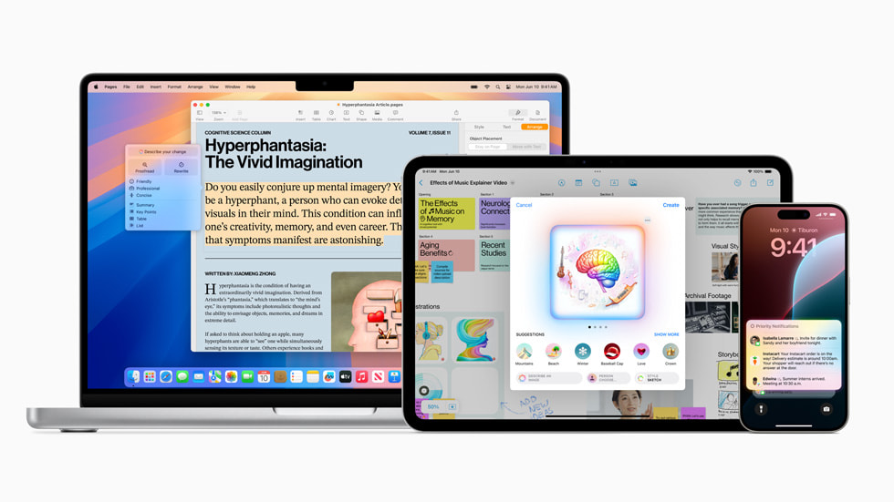 MacBook Pro、iPad Pro 和 iPhone 15 Pro 顯示新的 Apple Intelligence 功能。