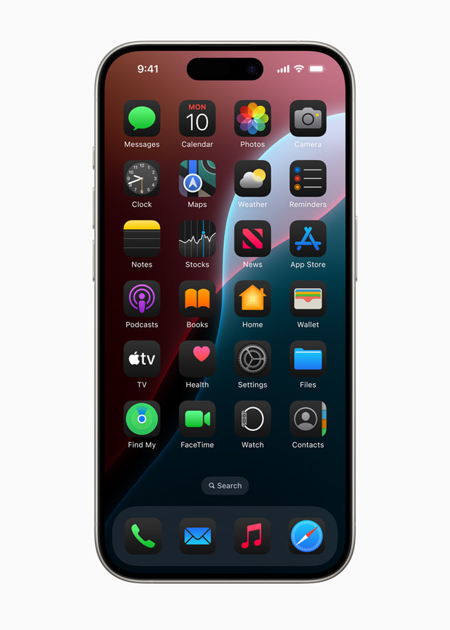 앱 아이콘과 위젯에 빛이 발하는 효과를 적용한 홈 화면을 보여주는 iPhone 15 Pro. 