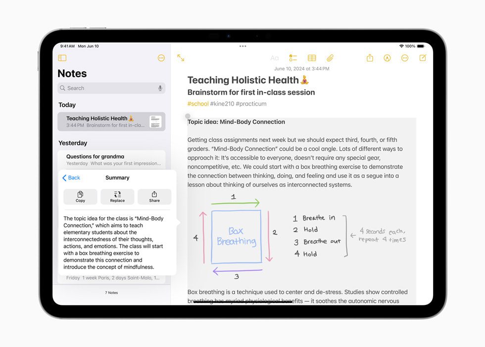 iPad Pro 顯示標示為「教授整體健康」的備忘錄，側邊有一個摘要框，將所有資訊濃縮成一個段落。 